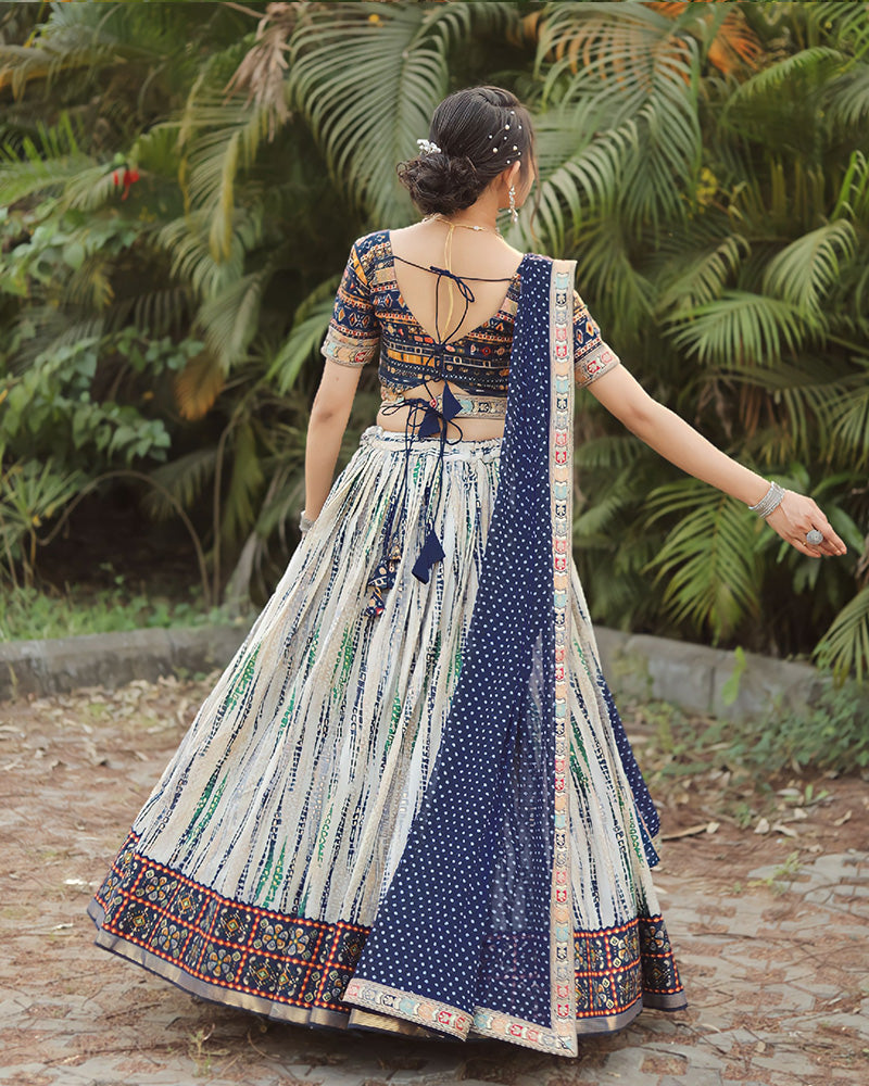 Off White-Blue Color Cotton Shibori Print Wedding Lehenga Choli