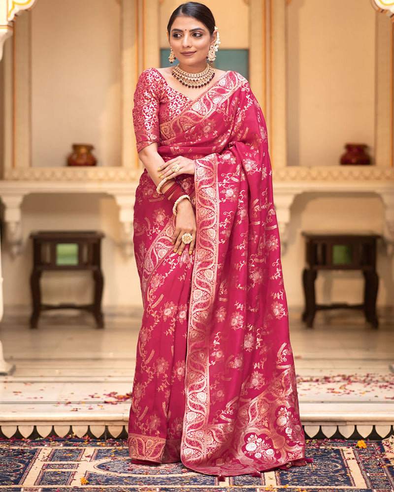 Designer Rani Pink Color Jacquard Weaving Banarasi Silk Saree