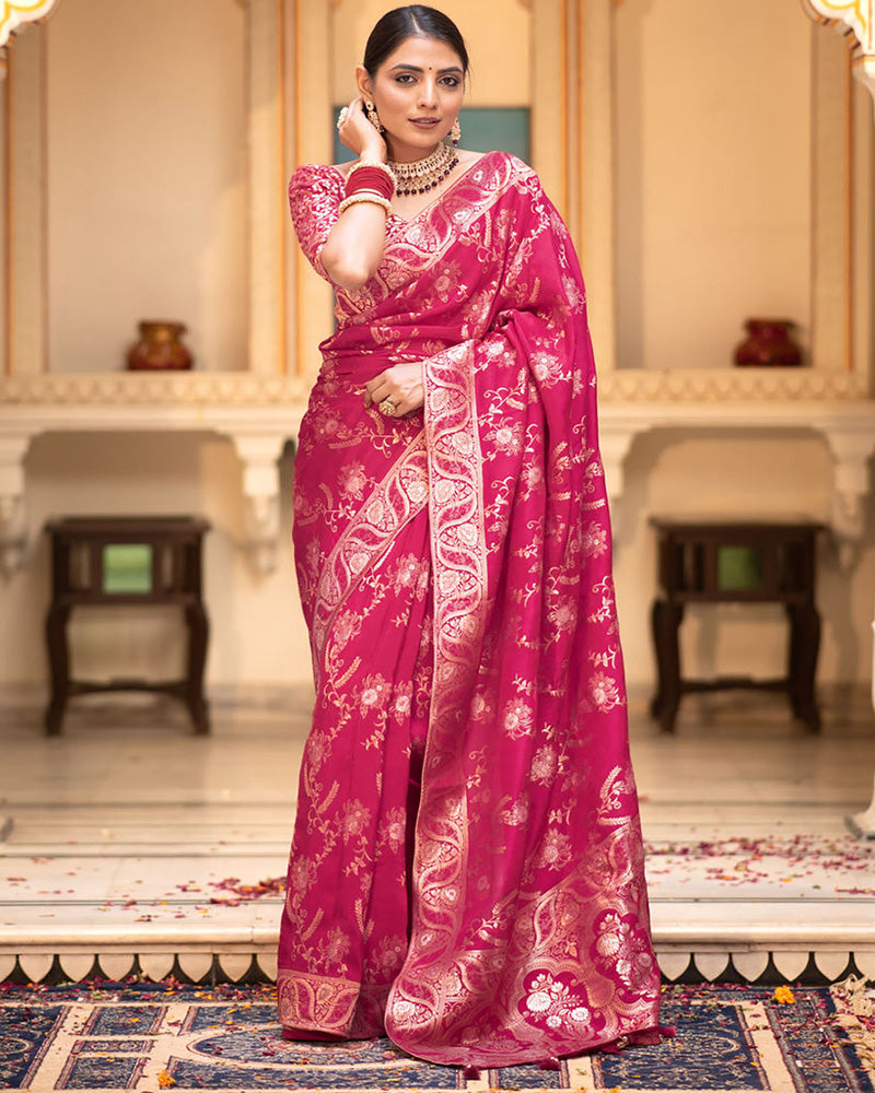 Designer Rani Pink Color Jacquard Weaving Banarasi Silk Saree