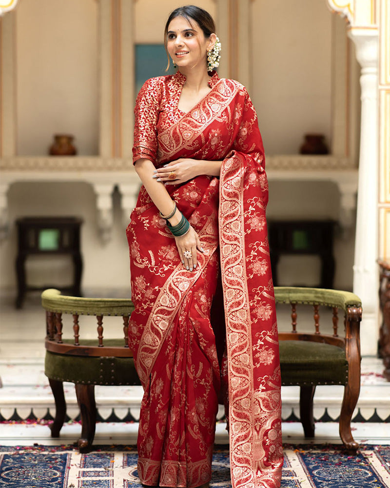 Designer Red Color Jacquard Weaving Banarasi Silk Saree