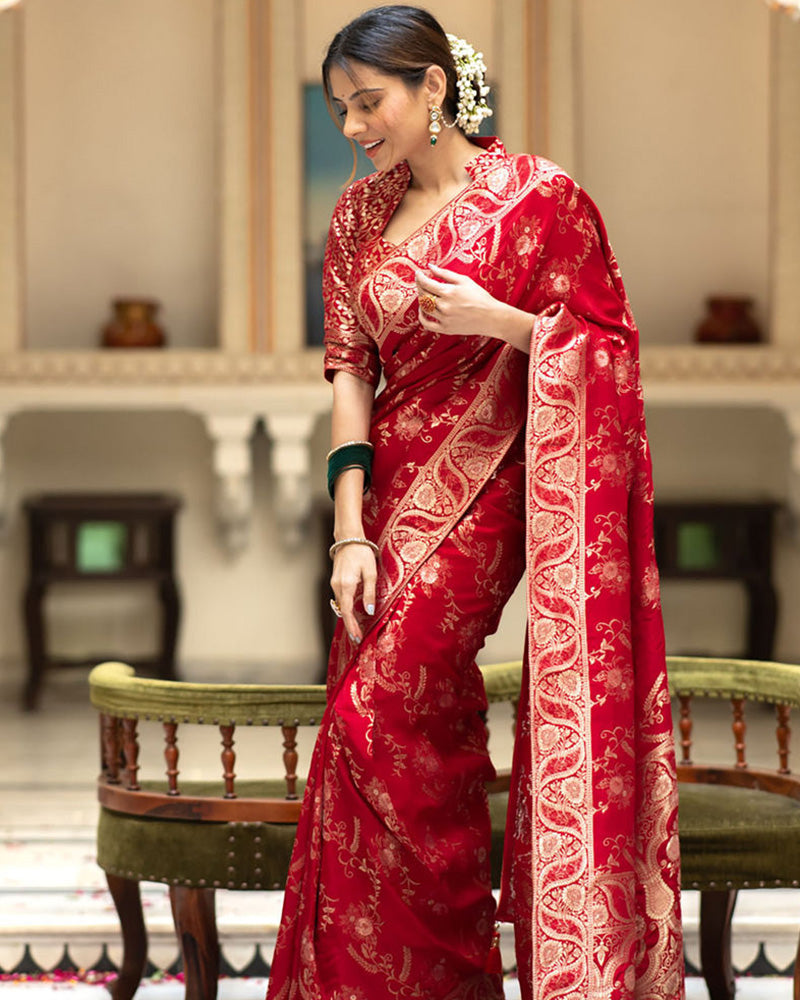 Designer Red Color Jacquard Weaving Banarasi Silk Saree