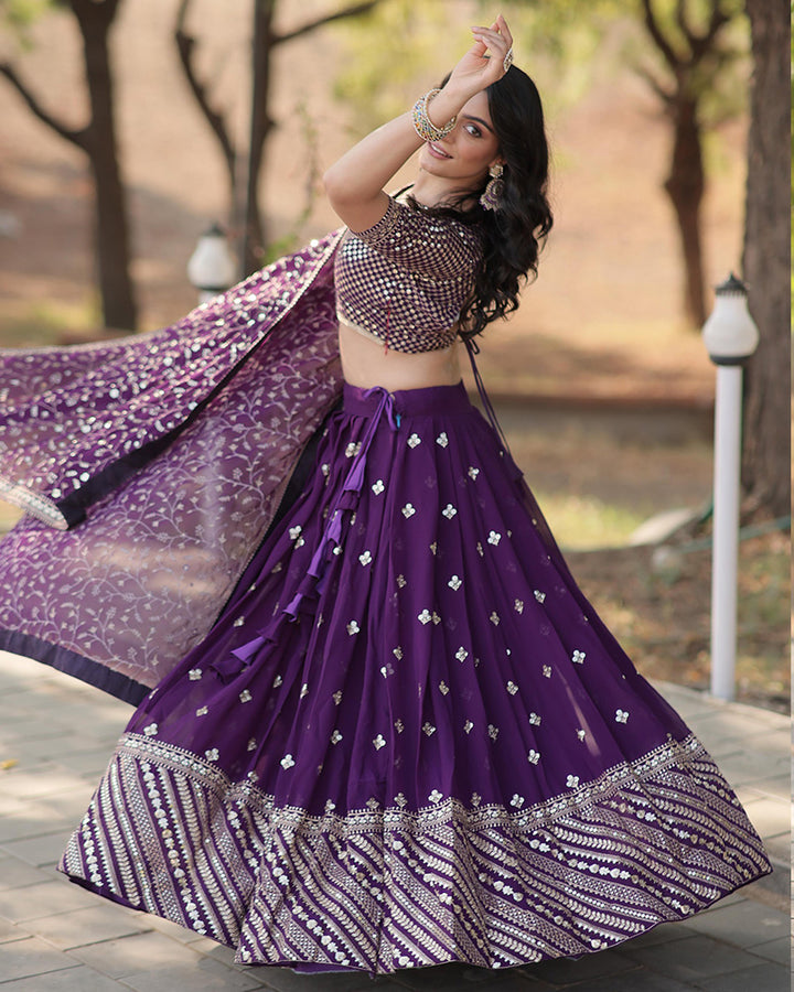 Wedding Wear Dark Purple Color Blooming Embroidered Lehenga Choli