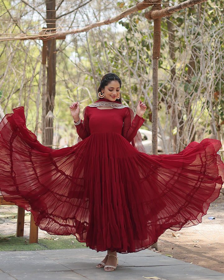 Maroon Color Faux Blooming Gown With Embroidered Dupatta