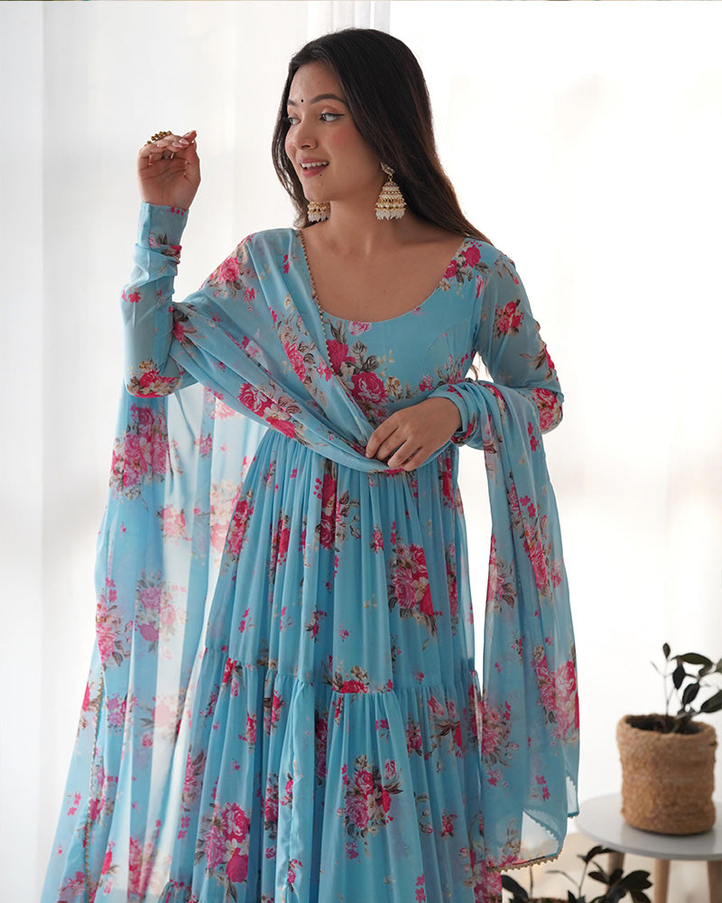 Floral Print Sky Blue Color Georgette Frill Anarkali Suit