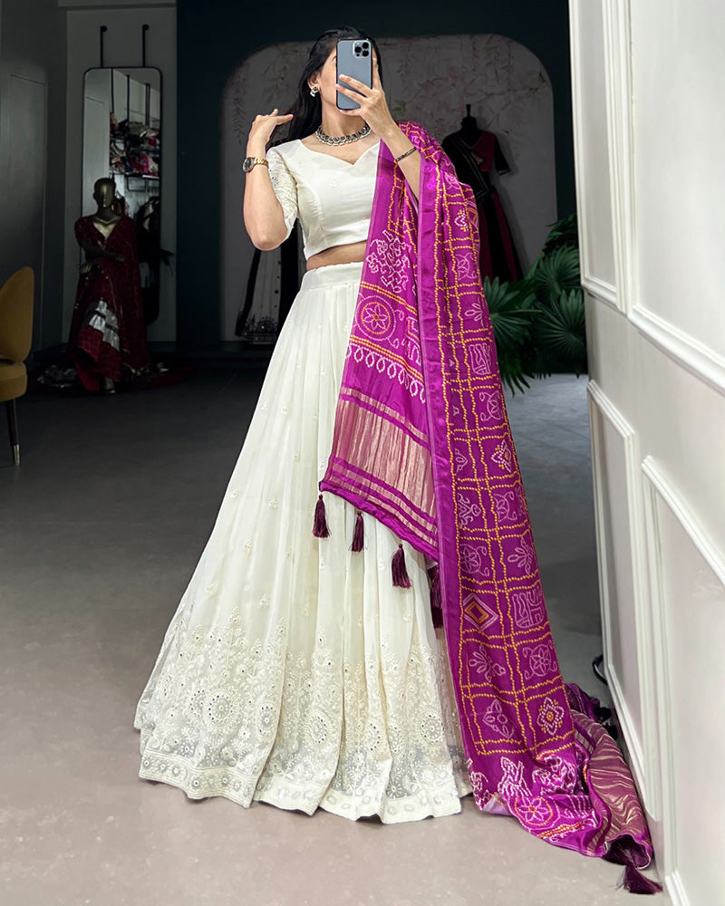 Designer Off-White Lucknowi Work Georgette Lehenga Choli