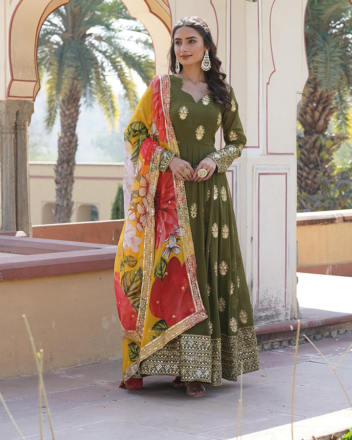 Beautiful Mehendi Color Sequence Embroidered Anarkali Gown