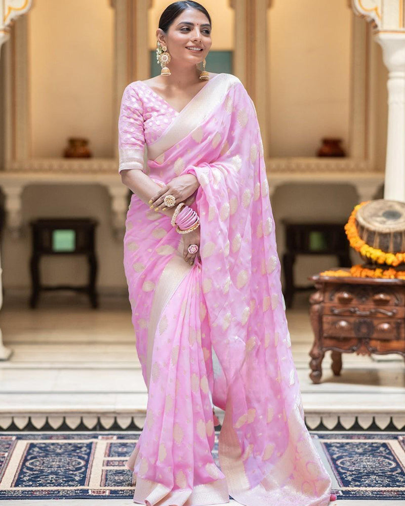 Designer Baby Pink Color Jacquard Banarasi Silk Saree