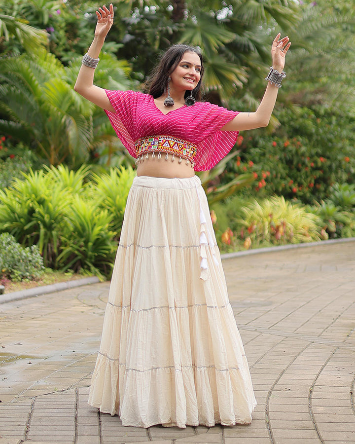 Pink Color Choli With Off-White Kora Cotton Lehenga