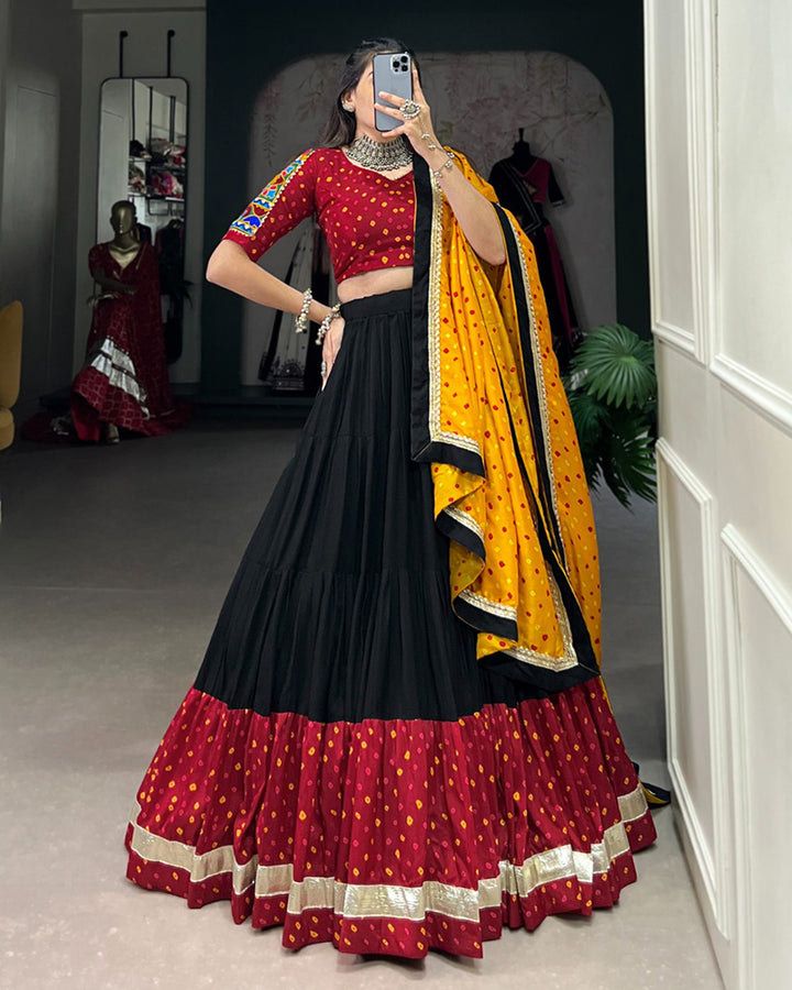 Navratri Wear Black Color Rayon And Dola Silk Ruffle Style Lehenga Choli