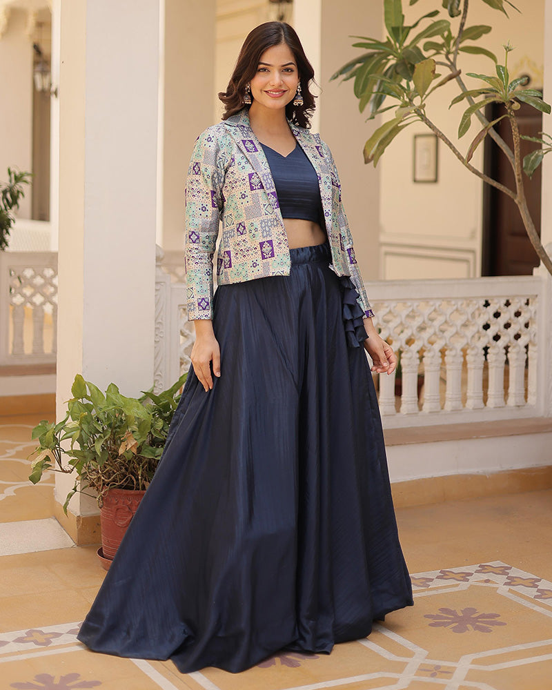 Navy Blue Color Pure Chinon Wedding Lehenga Choli