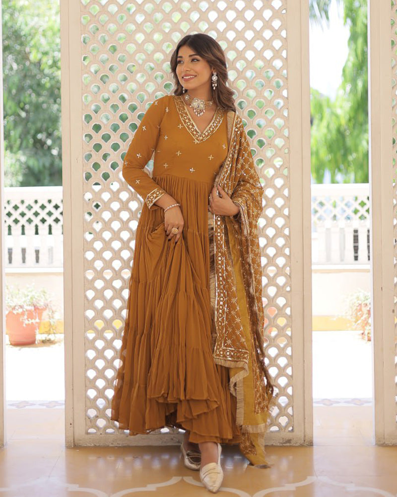 Designer Mustard Color Anarkali Gown With Embroidery Dupatta