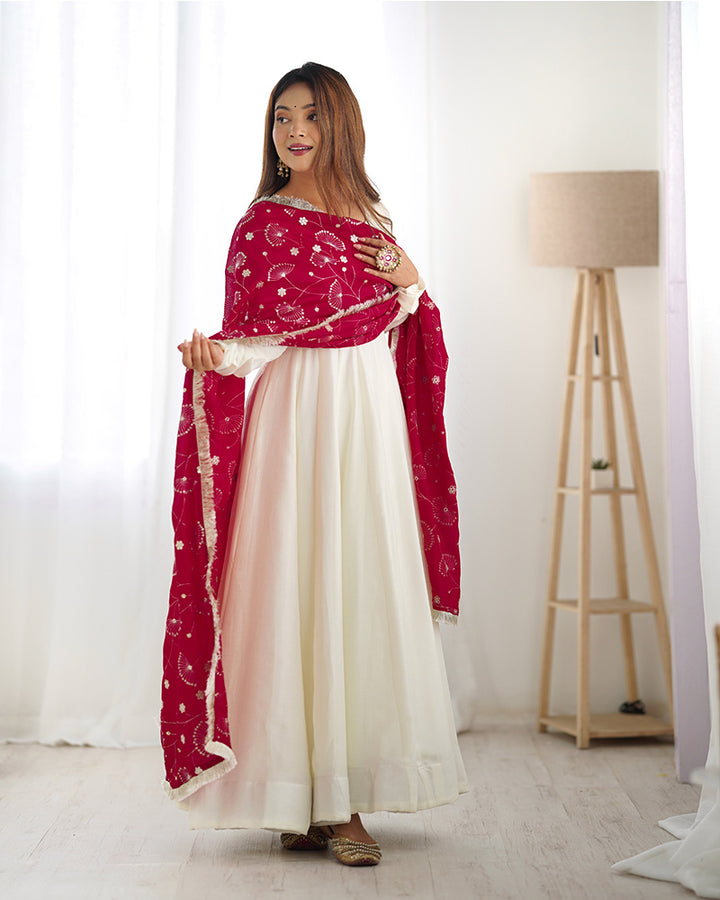 Rani Pink Dupatta With White Color Soft Silk Anarkali