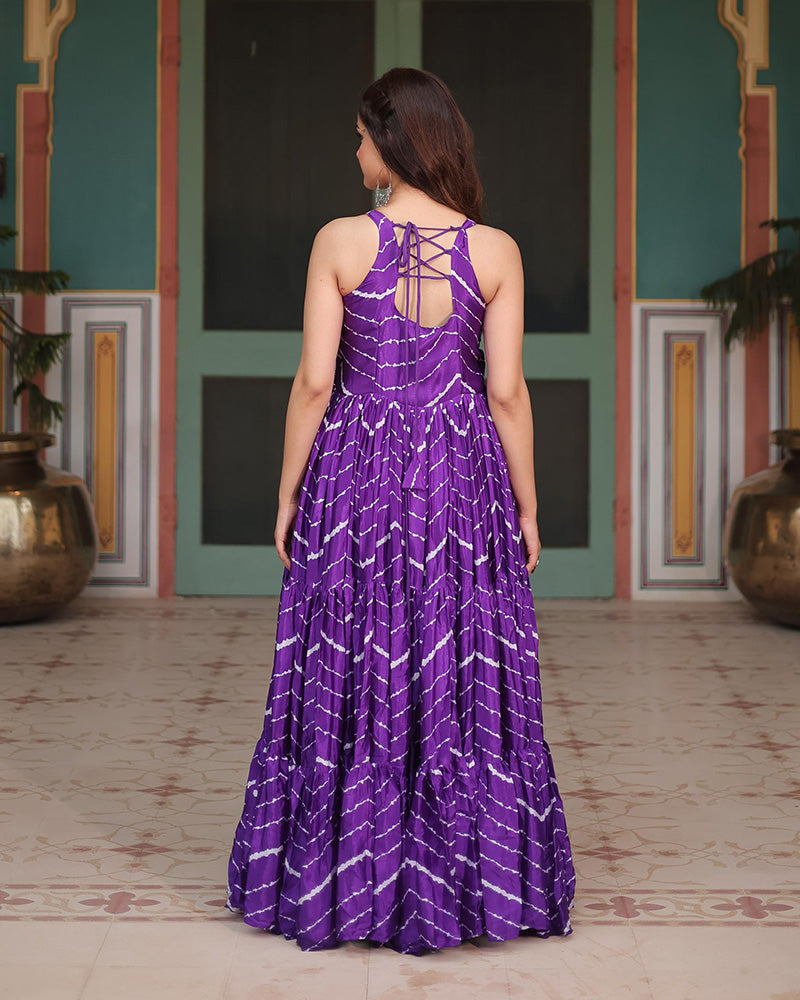 Navratri Special Purple Color Chinon Laheriya Gown