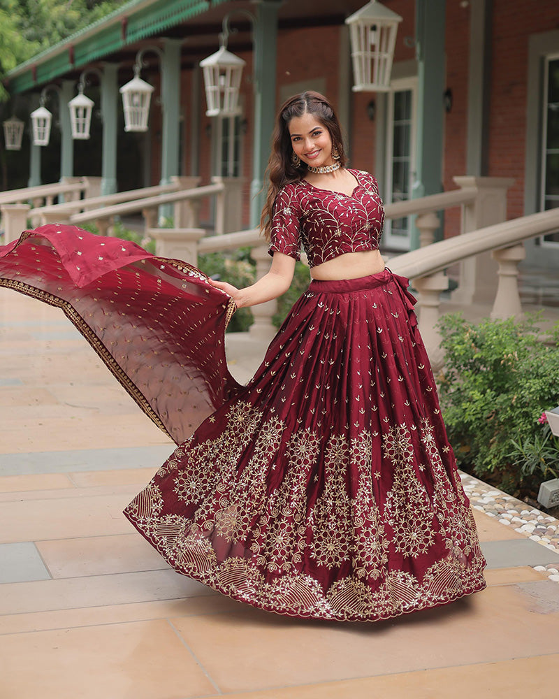 Maroon Color Rangoli Silk Sequence And Embroidered Lehenga Choli