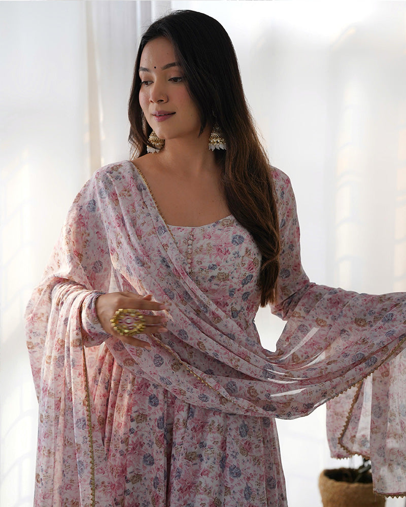 Baby Pink Color Floral Printed Chiffon Three Piece Anarkali Suit