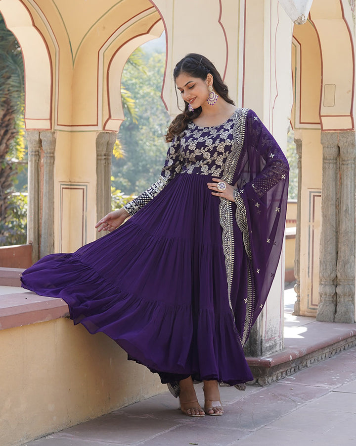 Designer Purple Color Faux Blooming Frill Anarkali Gown With Dupatta