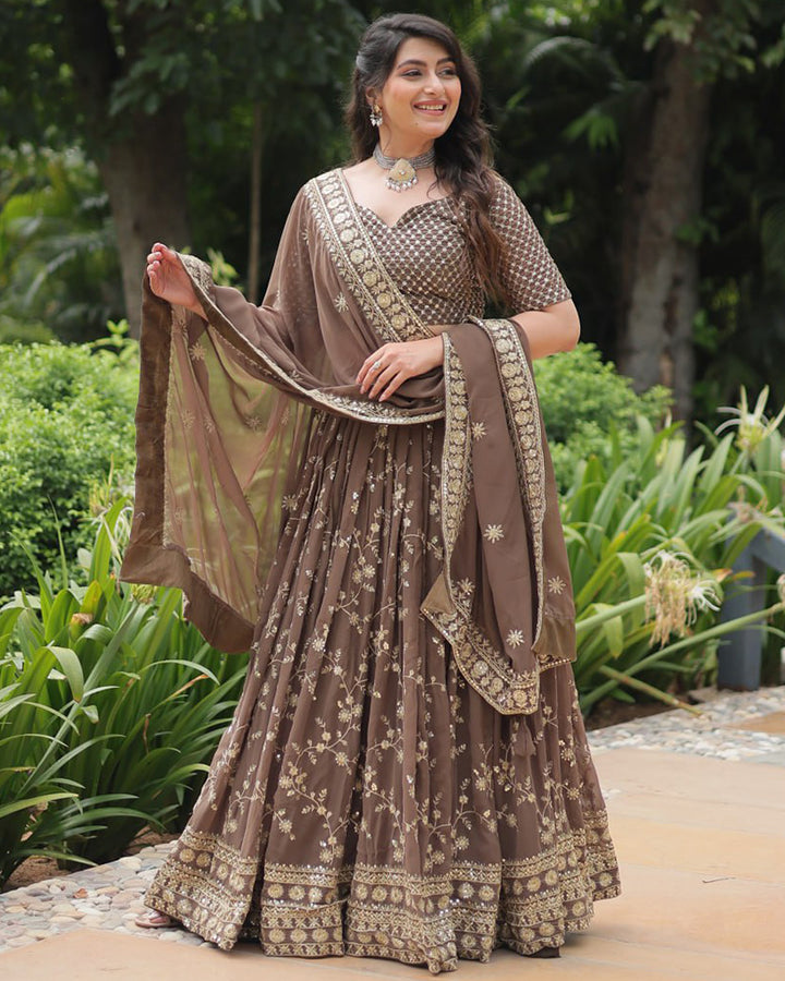 Designer Brown Color Blooming Lehenga Choli With Beautiful Dupatta