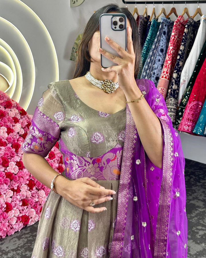 Purple Color Kota Silk Jacquard Gown With Dupatta