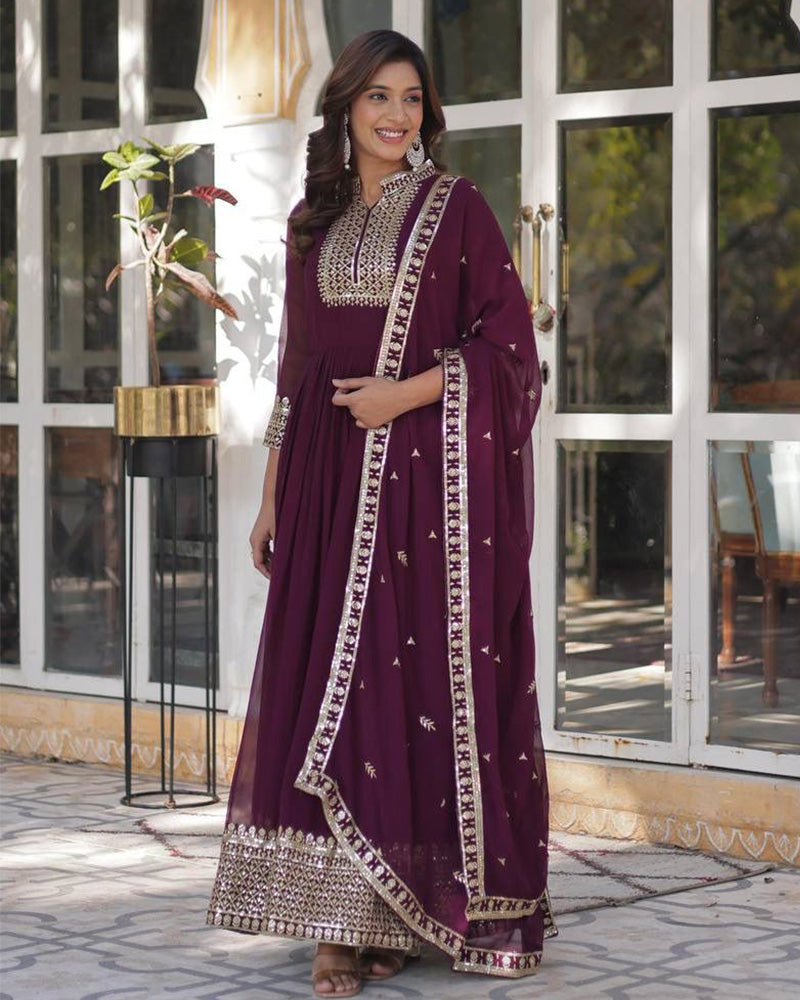 Designer Wine Color Gown With Sequence Embroidered Dupatta