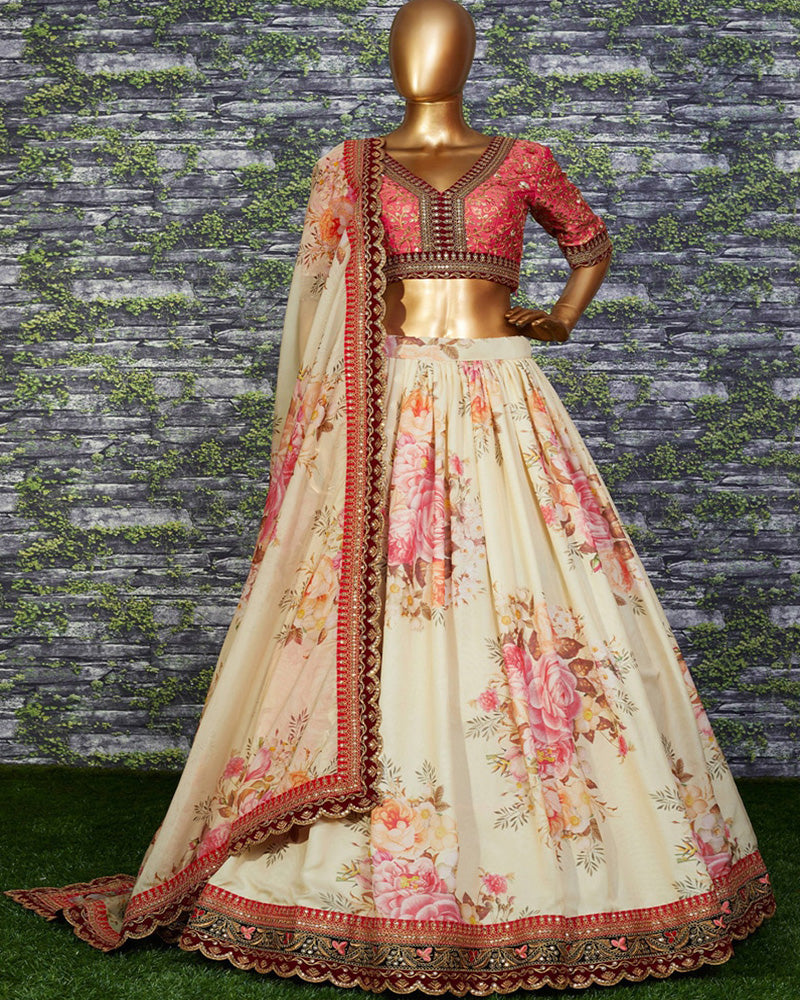 Off White Embroidery Soft Organza Floral Lehenga Choli