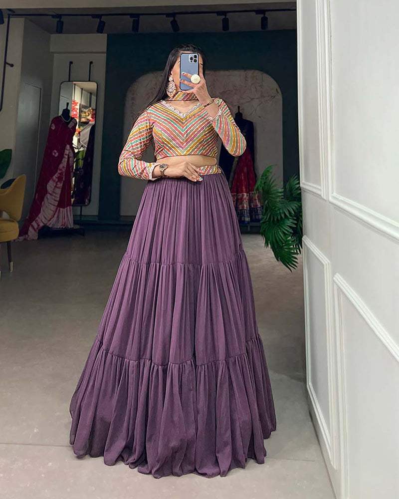 Lavender Color Georgette Designer Three Layer Lehenga Choli