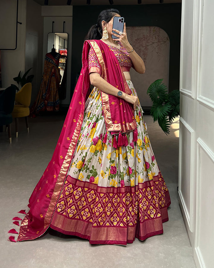 Pink Color Floral And Patola Print Tussar Silk Lehenga Choli