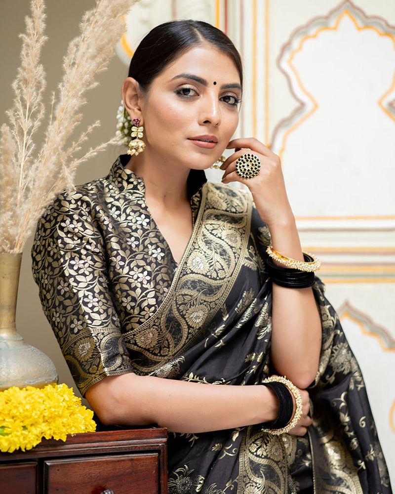 Designer Black Color Jacquard Weaving Banarasi Silk Saree