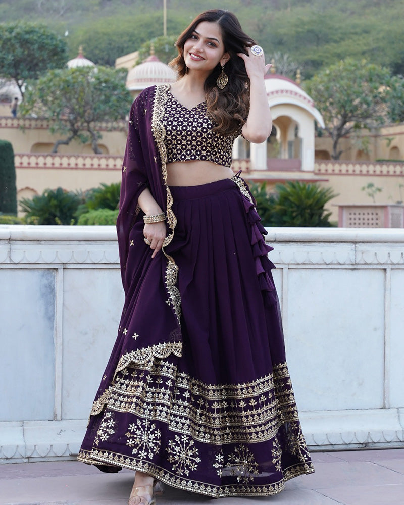 New Design Wine Color Georgette Lehenga Choli With Beautiful Dupatta