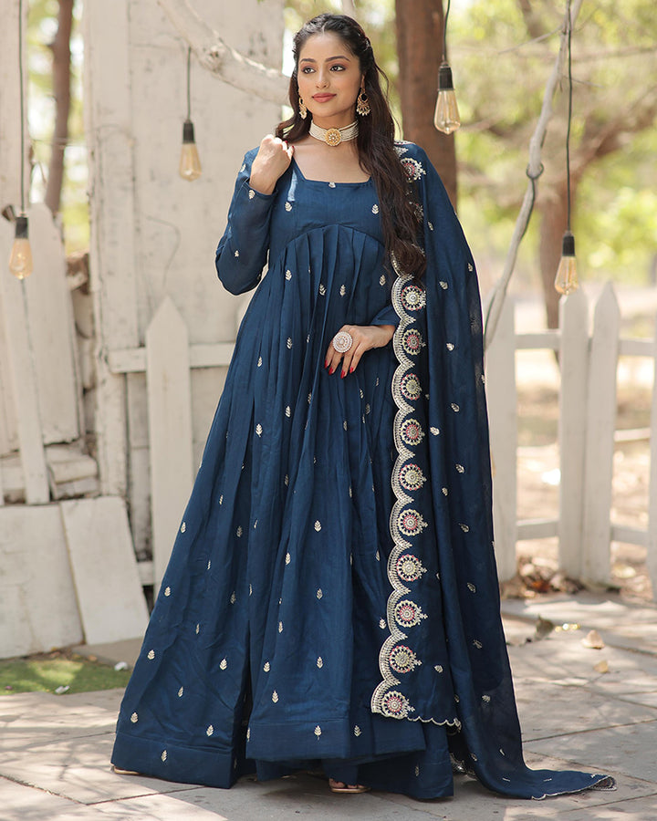 Beautiful Rama Color Shimmer Gown With Embroidered Dupatta