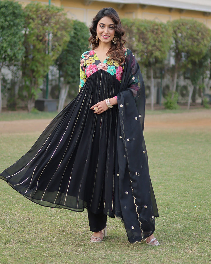 Beautiful Black Color Alia Cut Three Piece Anarkali Suit