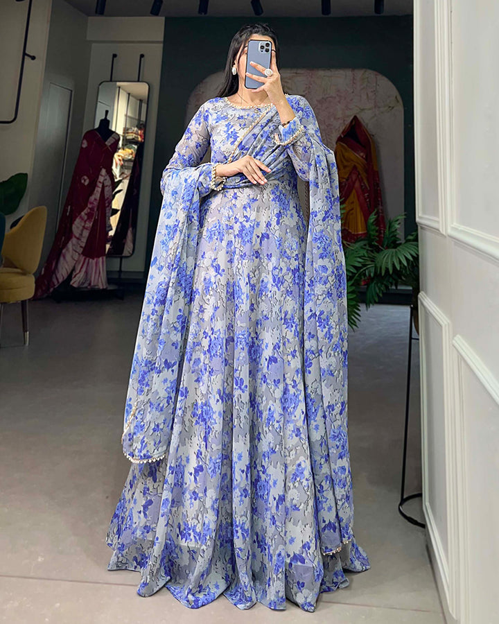 Sky Blue Color Designer Georgette Full Stitched Gown With Dupatta