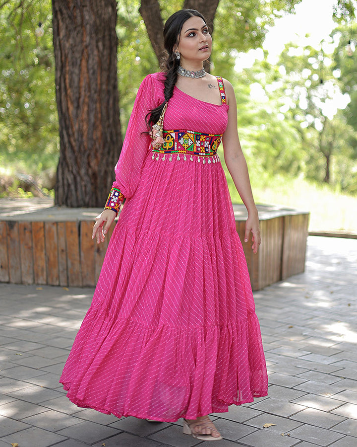 Navratri Special Pink Color Georgette kutchi Patche Work Gown