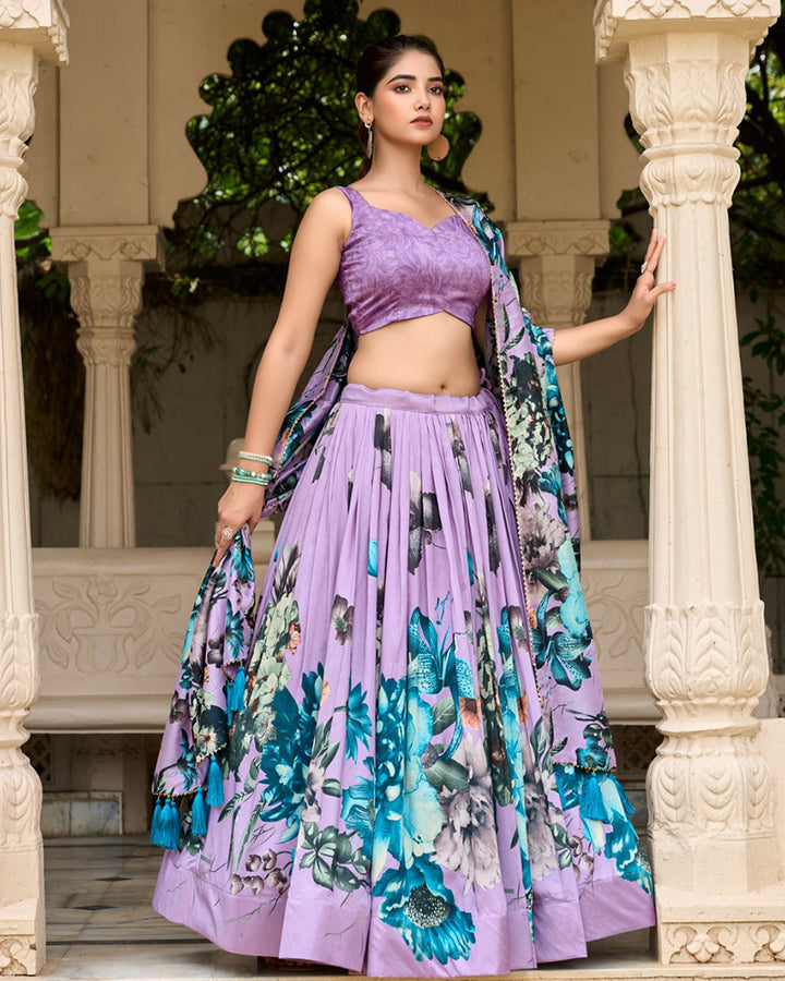 Lavender Color Floral Printed Tussar Silk Lehenga Choli