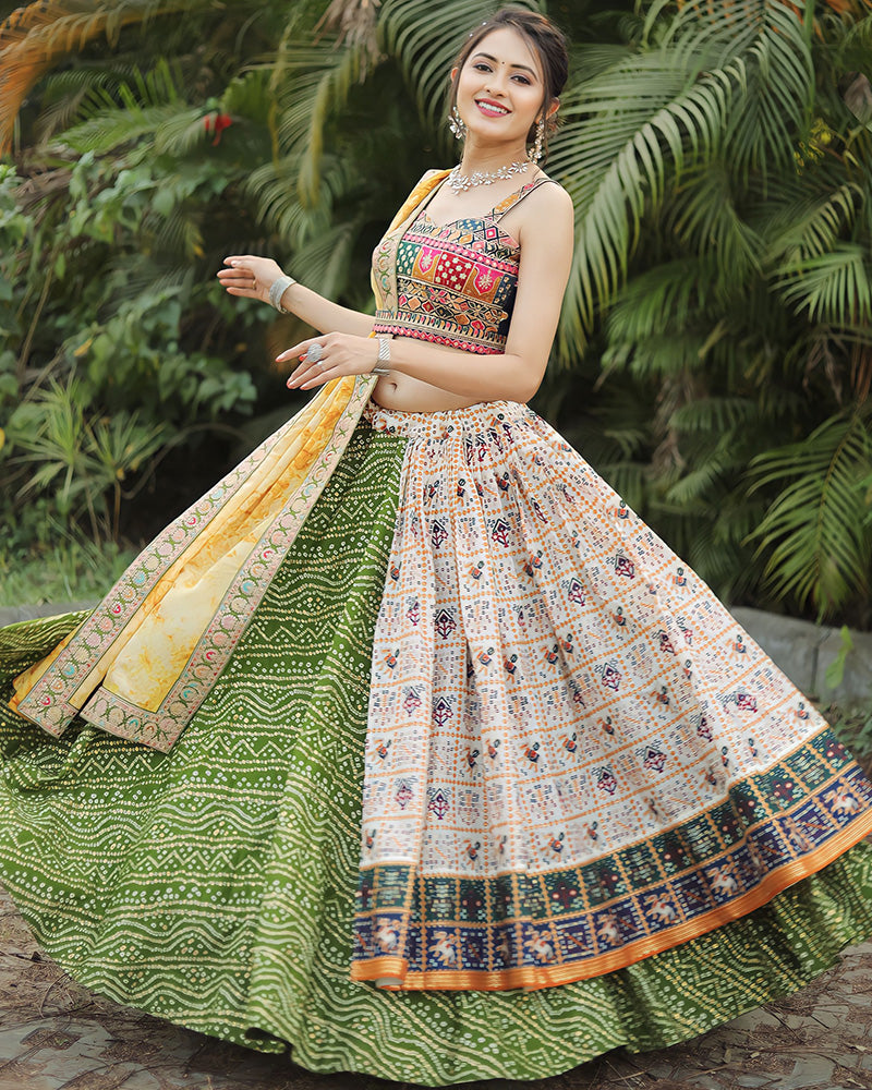 Off White-Mehndi Color Cotton Digital Print Wedding Lehenga Choli