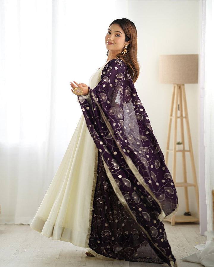 Dark Purple Dupatta With White Color Soft Silk Anarkali