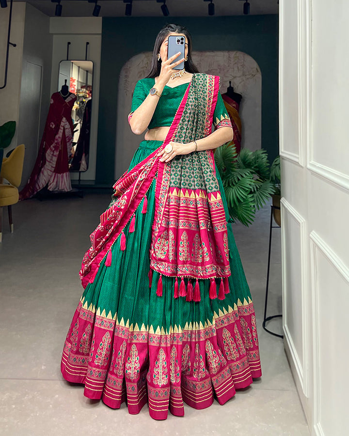 Green Color Tussar Silk Foil Print Designer Semi Stitched Lehenga Choli