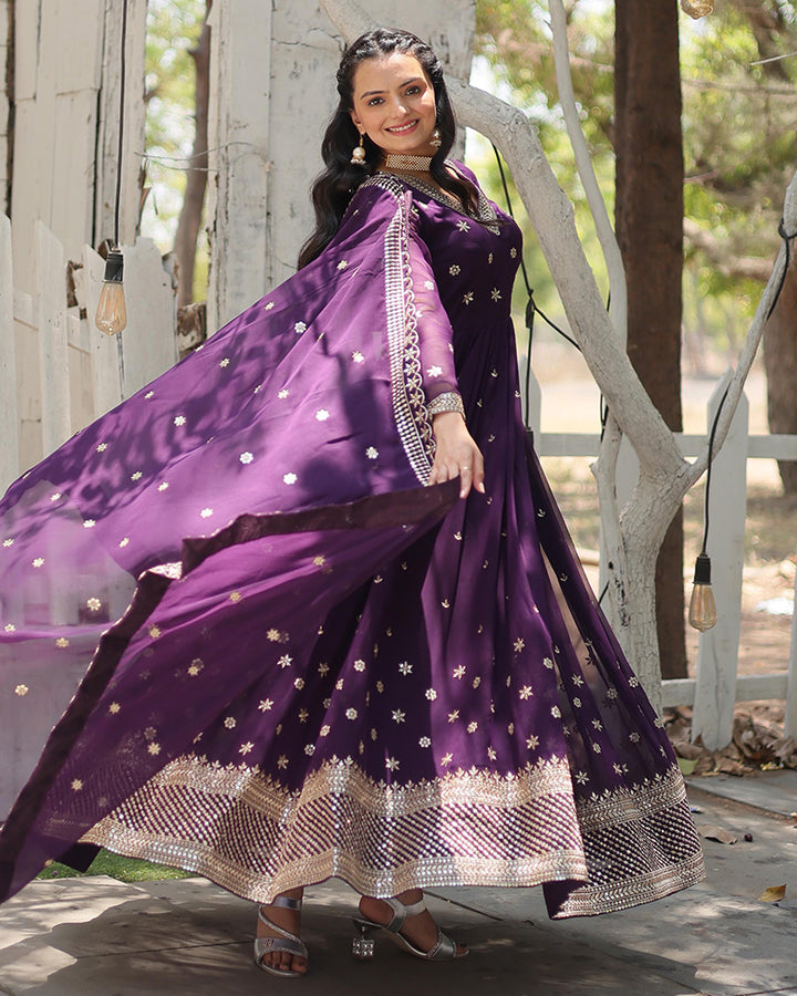 Purple Color Georgette Gown With Embroidered Dupatta