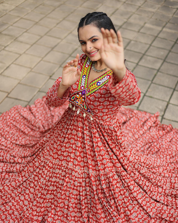 Navratri Special Maroon Color Cotton Gamthi Work Gown