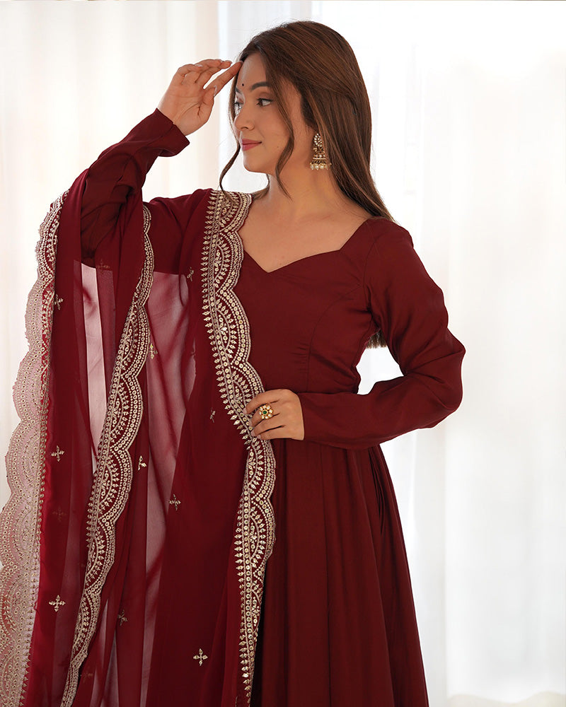 Maroon Color Chanderi Silk Three Piece Anarkali Suit