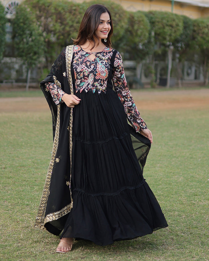 Designer Black Color Georgette Frill Anarkali Gown With Dupatta