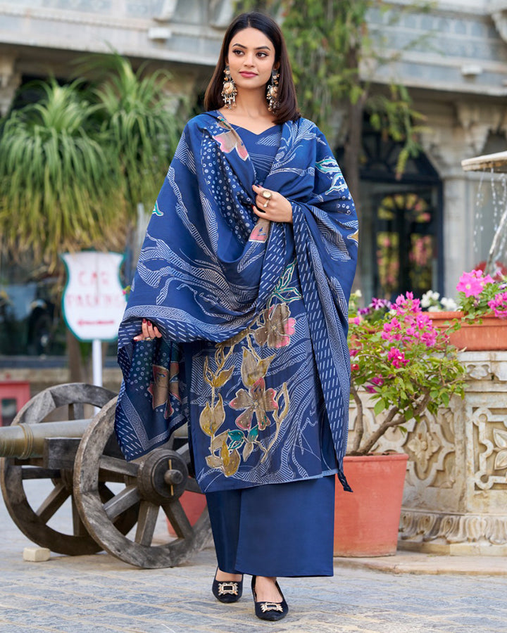 Navy Blue Color Roman Silk Floral Printed Salwar Suit