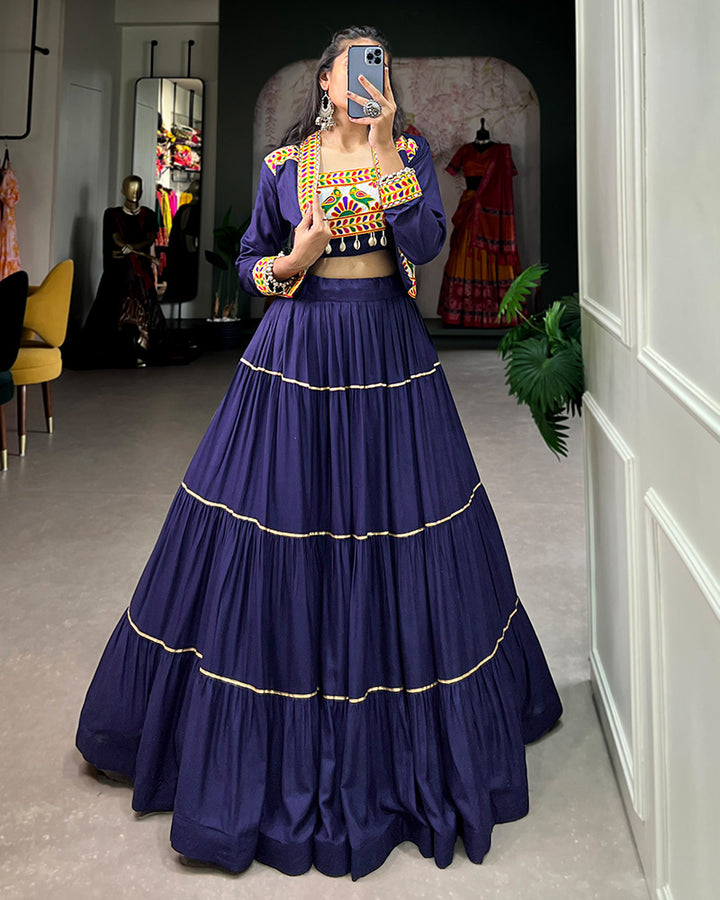 Navy Blue Color Pure Rayon Frill And Gamthi Work Navratri Lehenga Choli