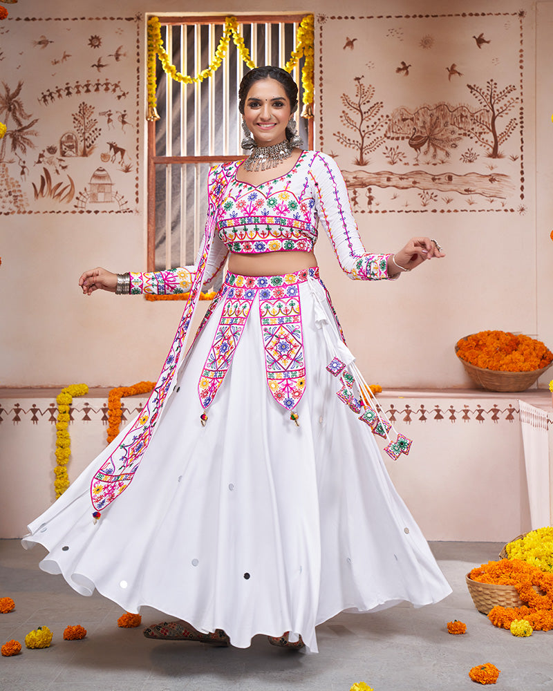 White Color Viscose Rayon Real Mirror Navratri Lehenga Choli