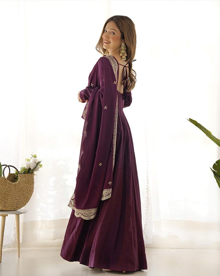 Wine Color Chanderi Silk Three Piece Anarkali Suit