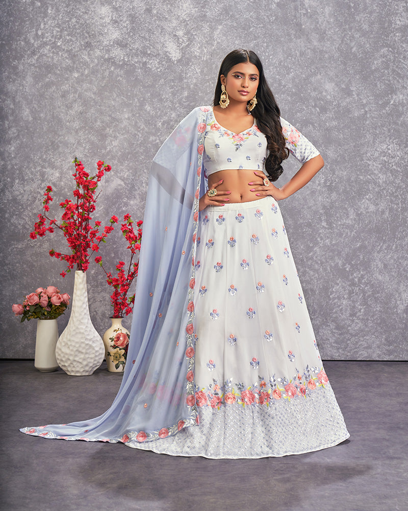 Pearl White Color Thread And Embroidered Georgette Lehenga Choli