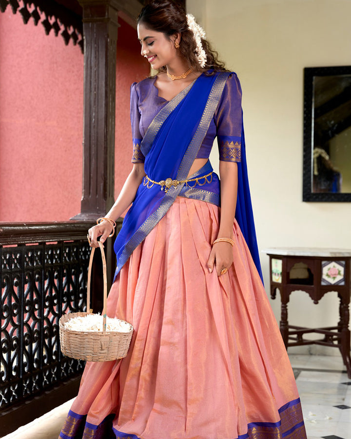 Designer Peach Color Kanchipuram Lehenga Choli