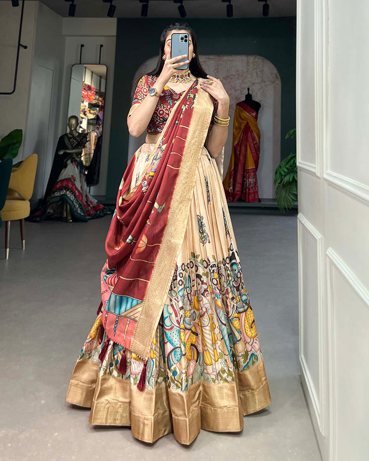 Exclusive Designer Cream Color Kalamkari Printed Dola Silk Lehenga Choli