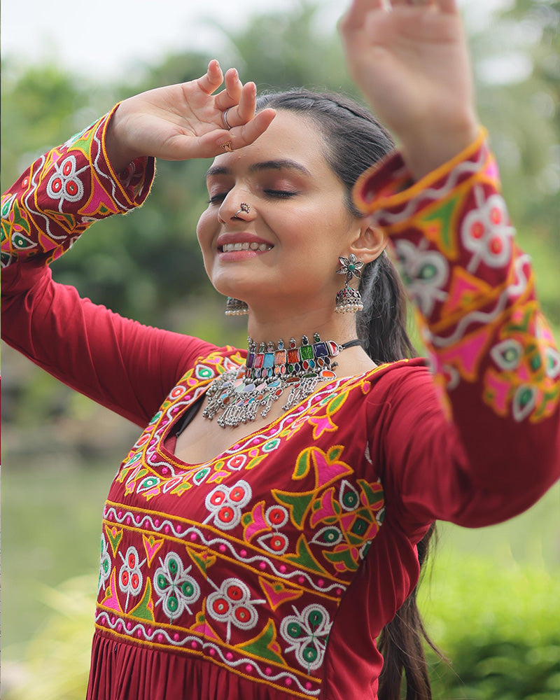 Navratri Special Maroon Color Rayon Kutchi Work Kurti