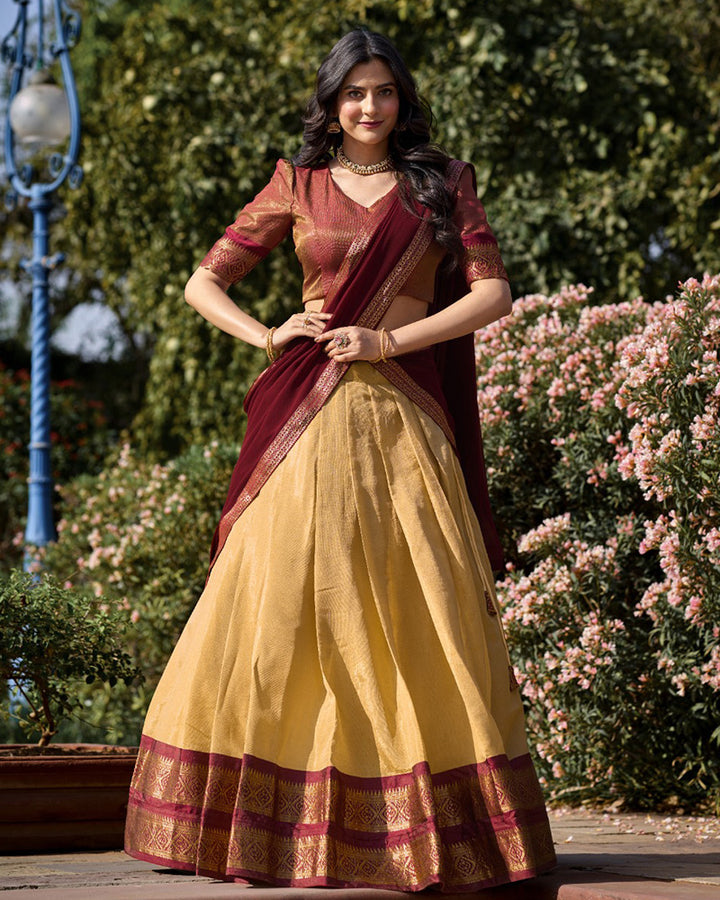 Designer Cream Color Kanchipuram Silk Lehenga Choli