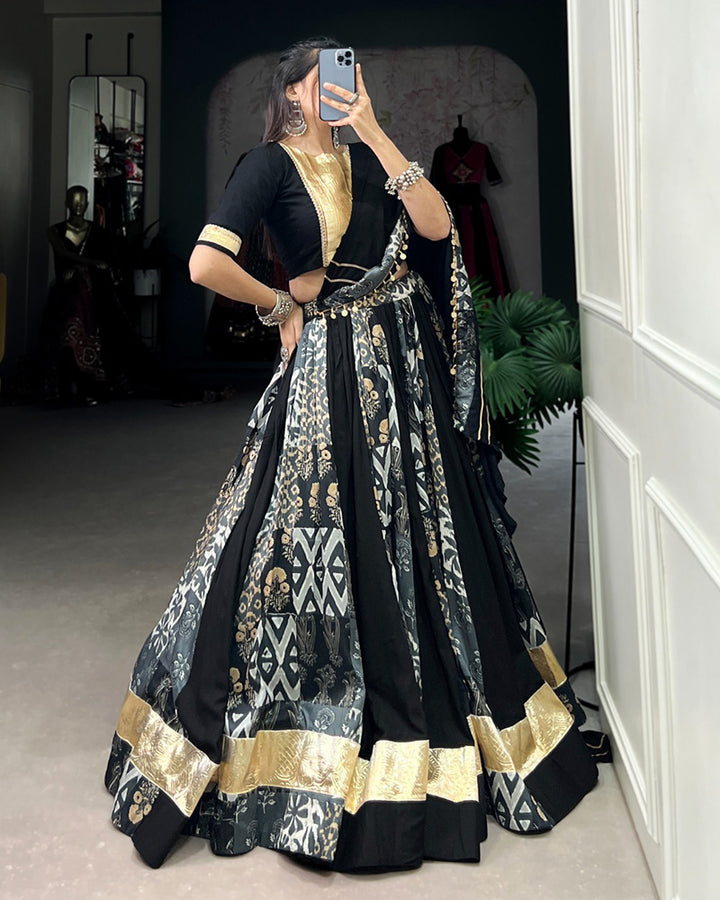 Black Color Rayon And Tussar Silk Printed Navratri Lehenga Choli